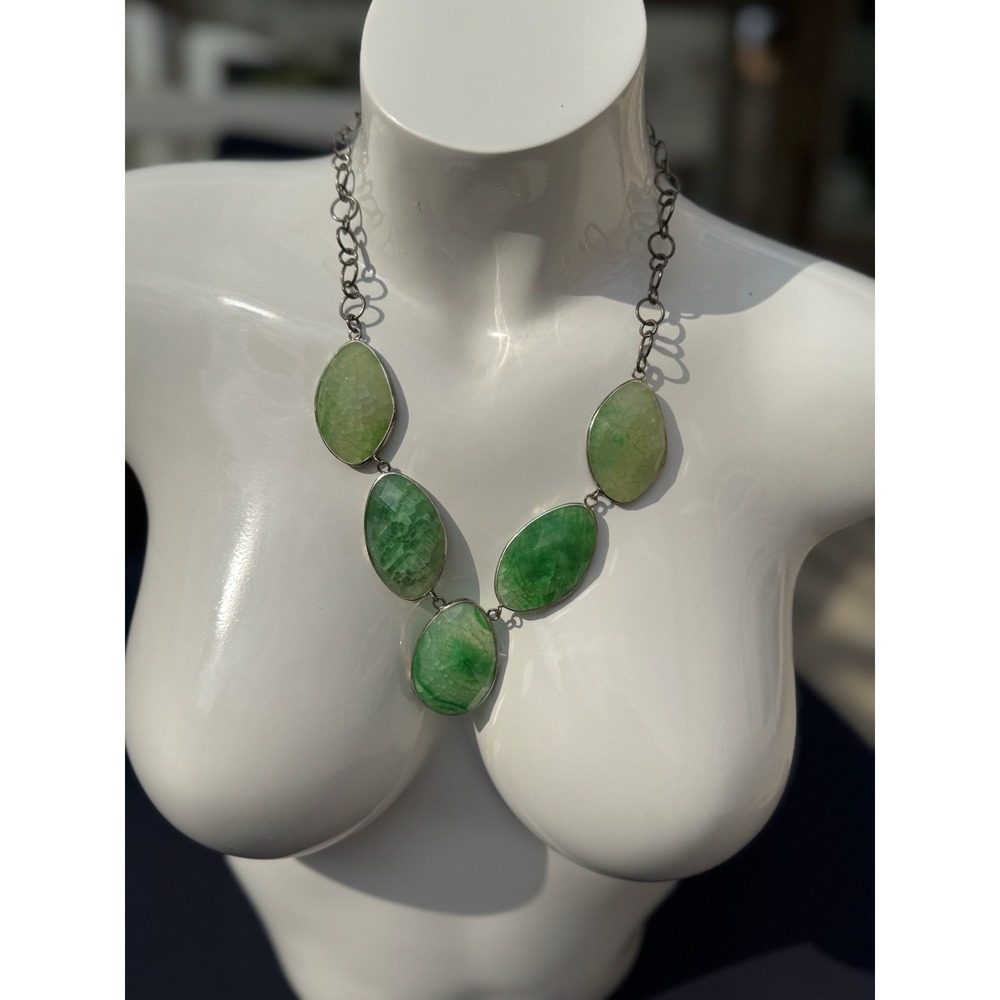 Silver 925 And Green Dragon Vein Necklace. Drop Down Pendant. Sterling Silver